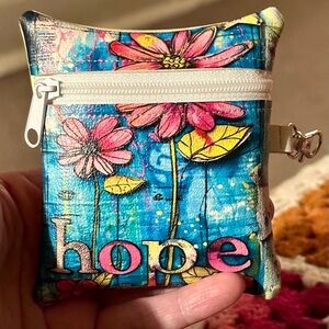 Hand Crafted Floral Coin Card Zipper Pouch with HOPE Text